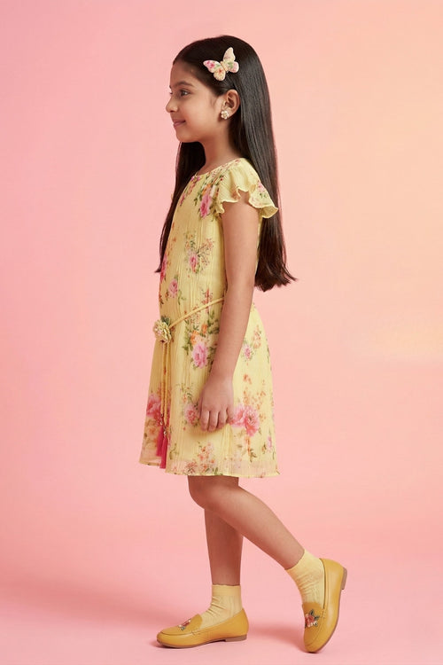 Lemon Yellow Floral Print Flutter Sleeve Dress M2248