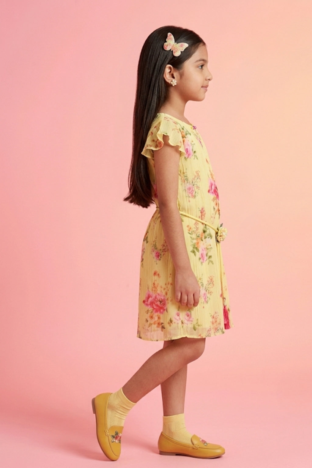 Lemon Yellow Floral Print Flutter Sleeve Dress M2248