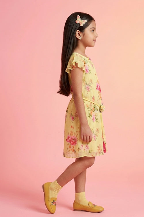 Lemon Yellow Floral Print Flutter Sleeve Dress M2248