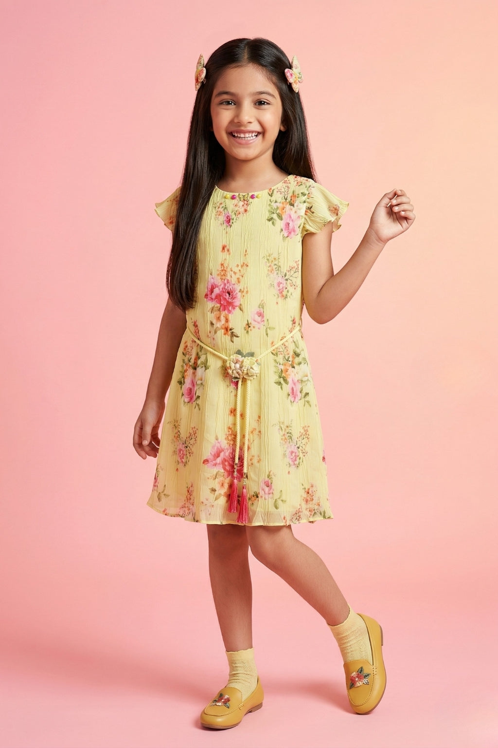 Lemon Yellow Floral Print Flutter Sleeve Dress M2248