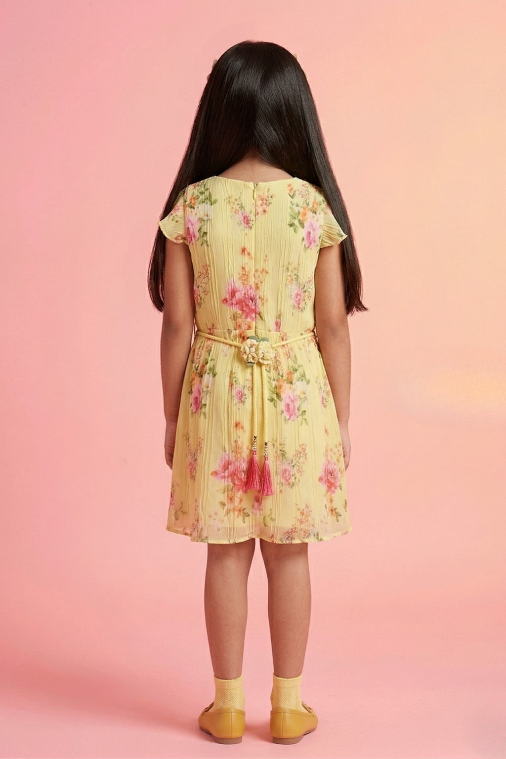 Lemon Yellow Floral Print Flutter Sleeve Dress M2248