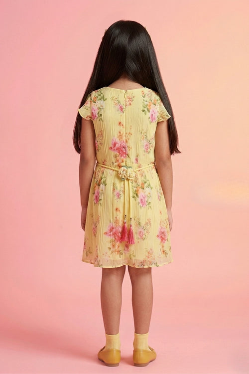 Lemon Yellow Floral Print Flutter Sleeve Dress M2248