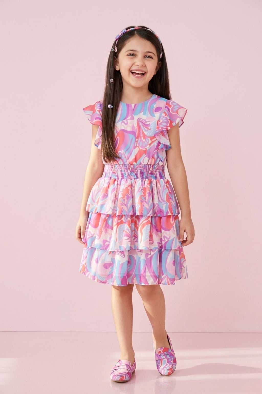 Pastel Pink & Lavender Printed Tiered Ruffle Dress M2254
