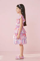 Pastel Pink & Lavender Printed Tiered Ruffle Dress M2254