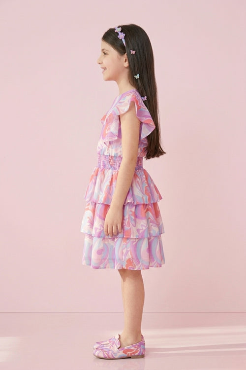 Pastel Pink & Lavender Printed Tiered Ruffle Dress M2254
