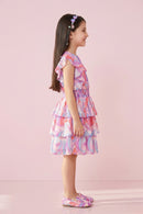 Pastel Pink & Lavender Printed Tiered Ruffle Dress M2254
