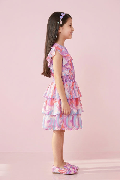 Pastel Pink & Lavender Printed Tiered Ruffle Dress M2254