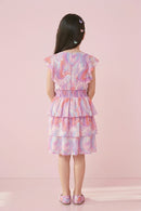 Pastel Pink & Lavender Printed Tiered Ruffle Dress M2254