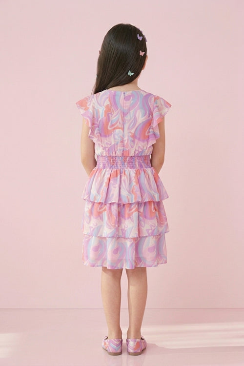 Pastel Pink & Lavender Printed Tiered Ruffle Dress M2254