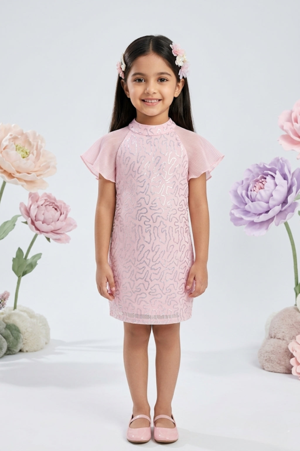 Blush Pink Sequin Dress with Pleated Flutter Sleeves M2256