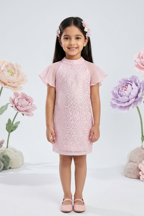 Blush Pink Sequin Dress with Pleated Flutter Sleeves M2256