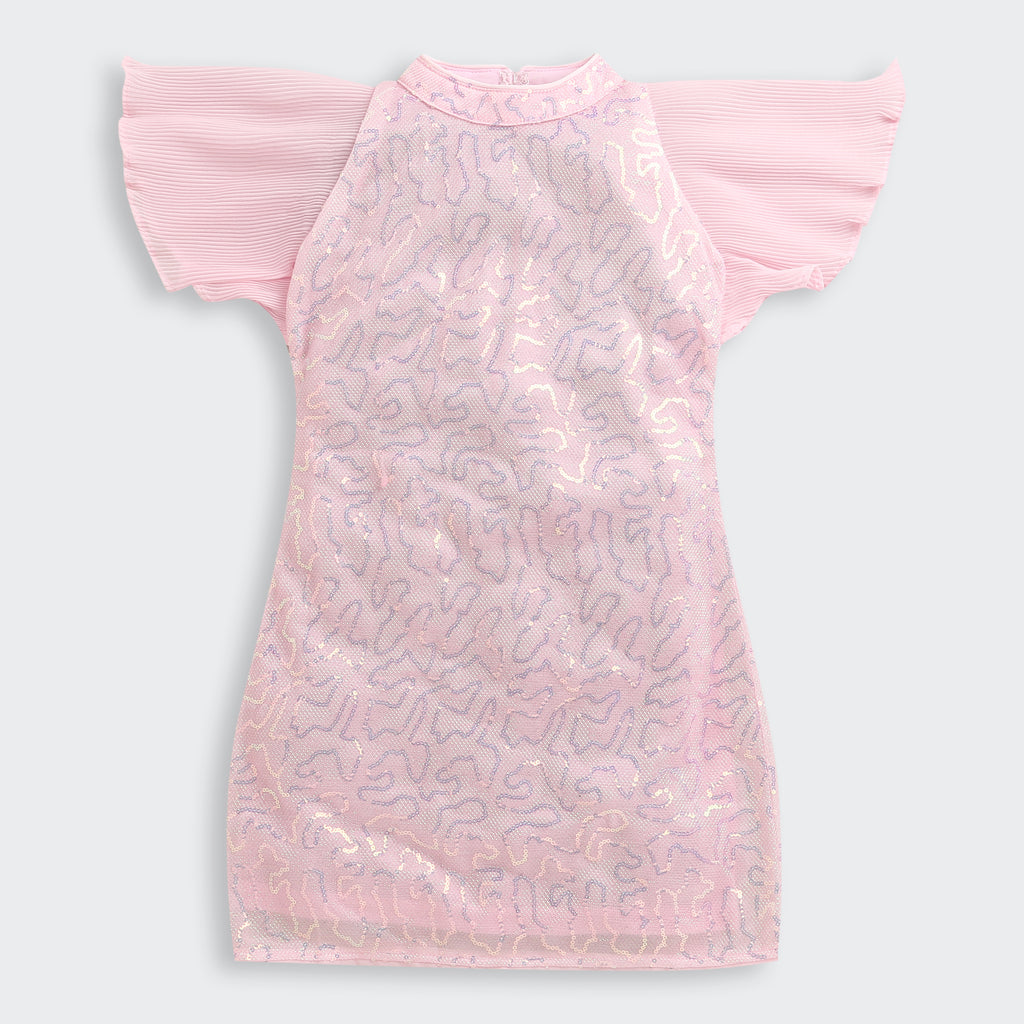 Blush Pink Sequin Dress with Pleated Flutter Sleeves M2256