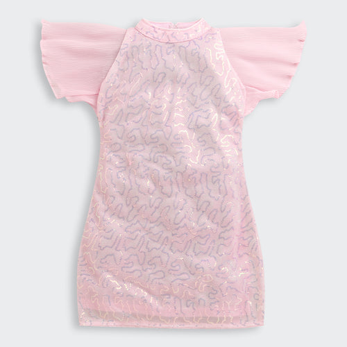 Blush Pink Sequin Dress with Pleated Flutter Sleeves M2256