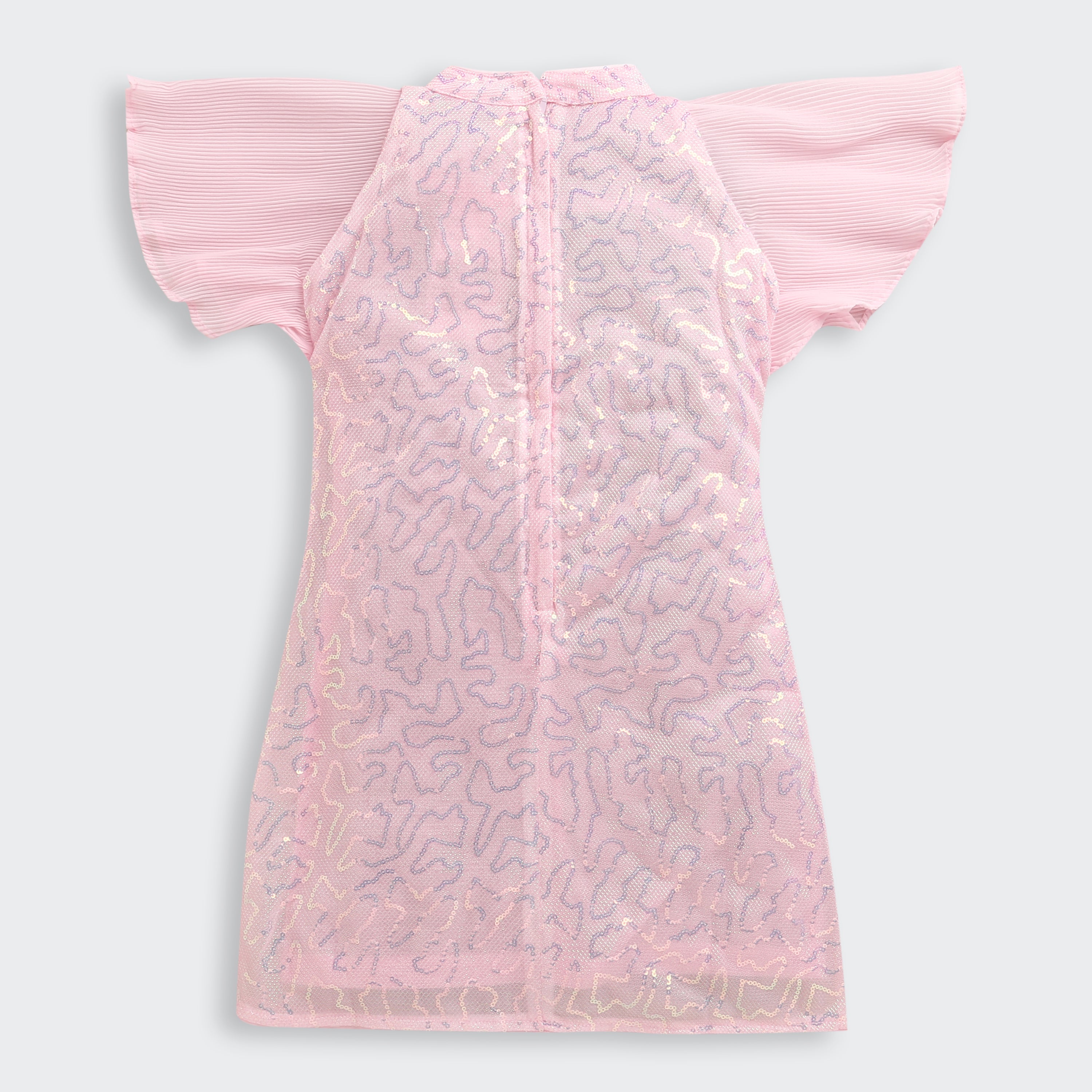 Blush Pink Sequin Dress with Pleated Flutter Sleeves M2256