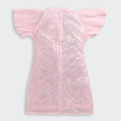 Blush Pink Sequin Dress with Pleated Flutter Sleeves M2256