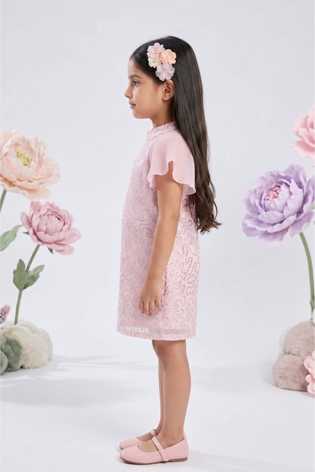 Blush Pink Sequin Dress with Pleated Flutter Sleeves M2256