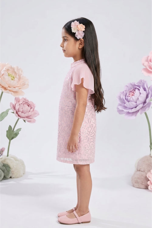 Blush Pink Sequin Dress with Pleated Flutter Sleeves M2256
