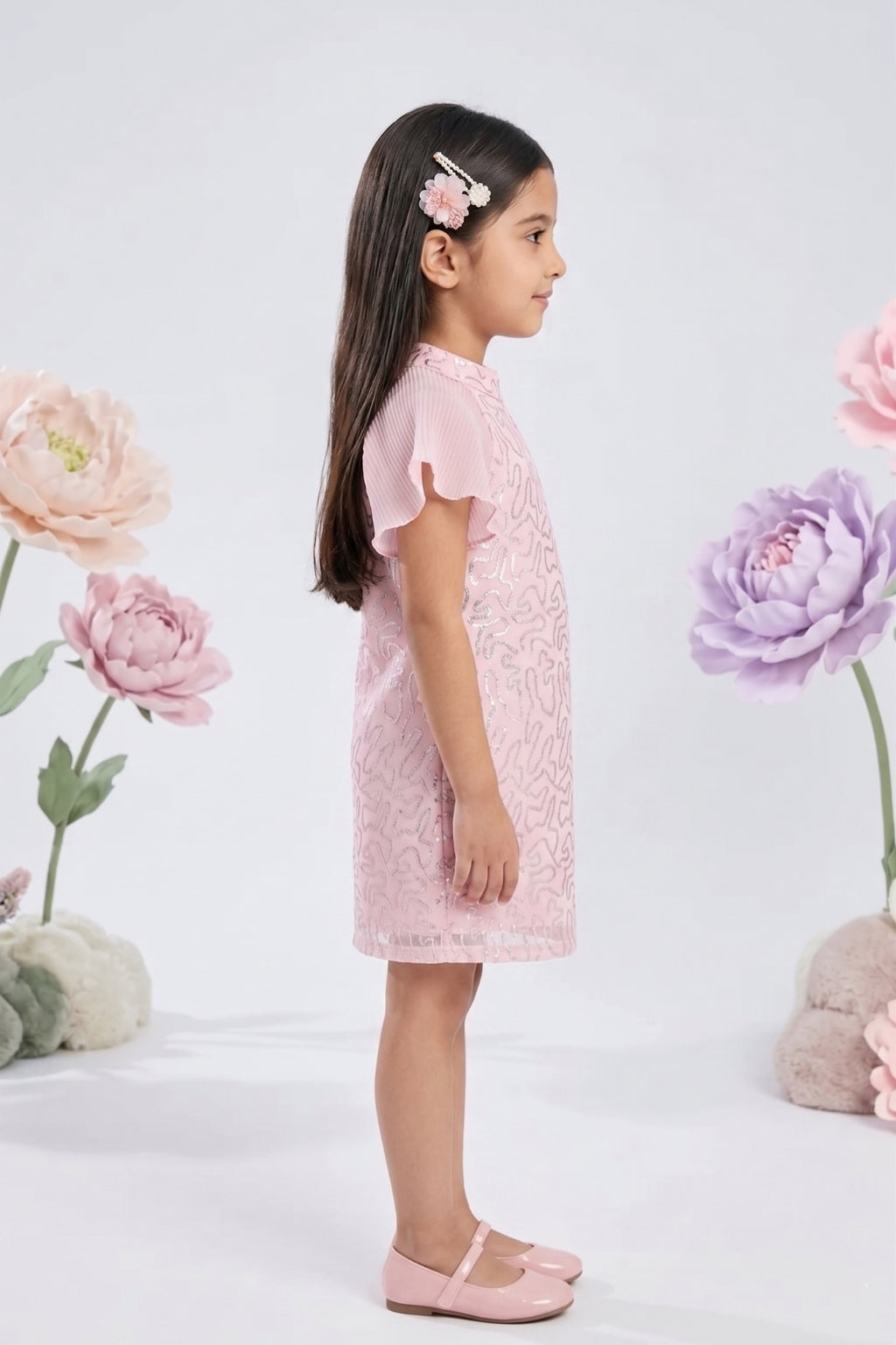 Blush Pink Sequin Dress with Pleated Flutter Sleeves M2256
