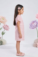 Blush Pink Sequin Dress with Pleated Flutter Sleeves M2256