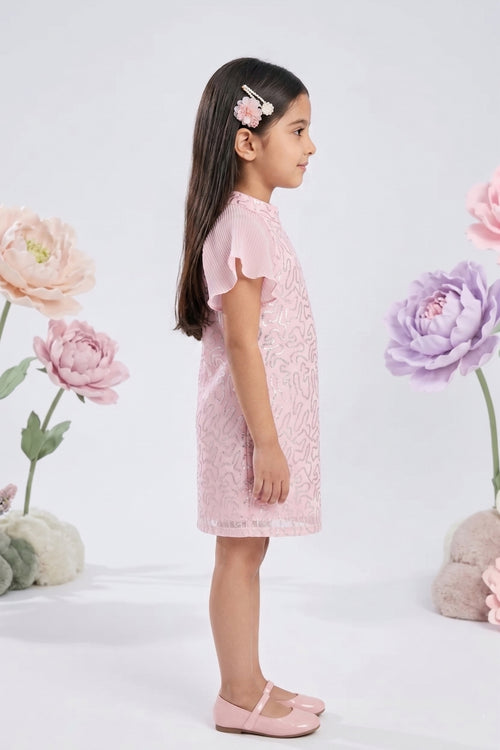 Blush Pink Sequin Dress with Pleated Flutter Sleeves M2256