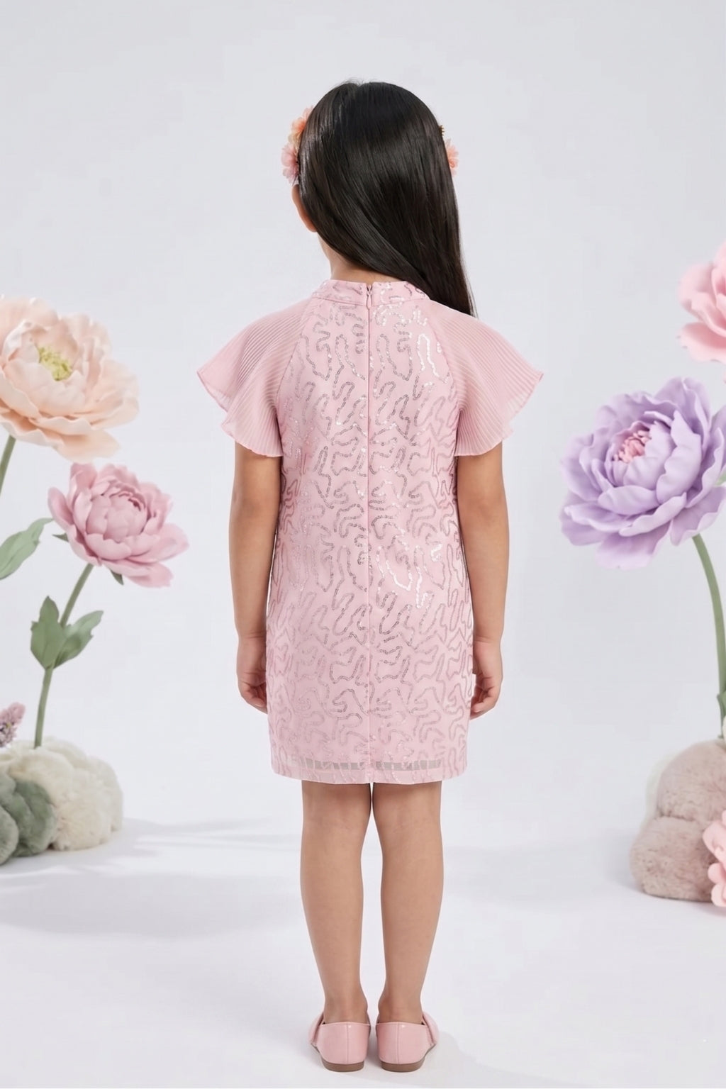Blush Pink Sequin Dress with Pleated Flutter Sleeves M2256