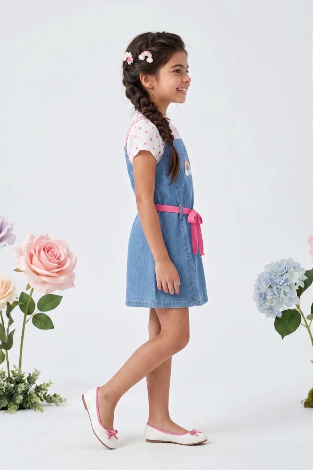 Blue Denim Pinafore Dress with Polka Dot Tee M2257