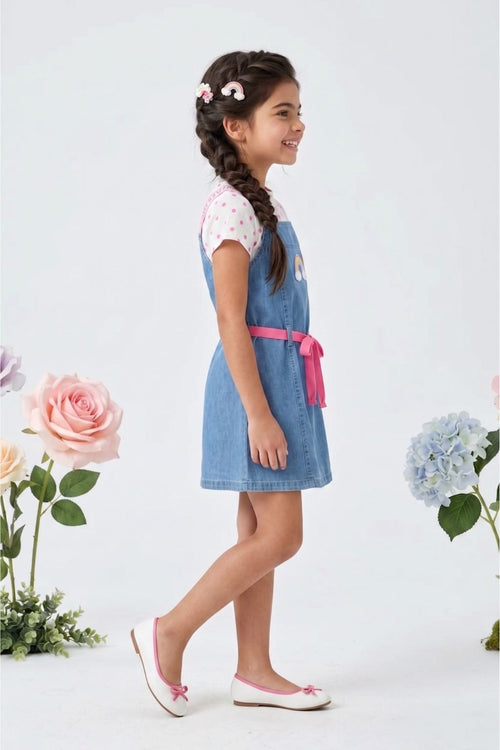 Blue Denim Pinafore Dress with Polka Dot Tee M2257