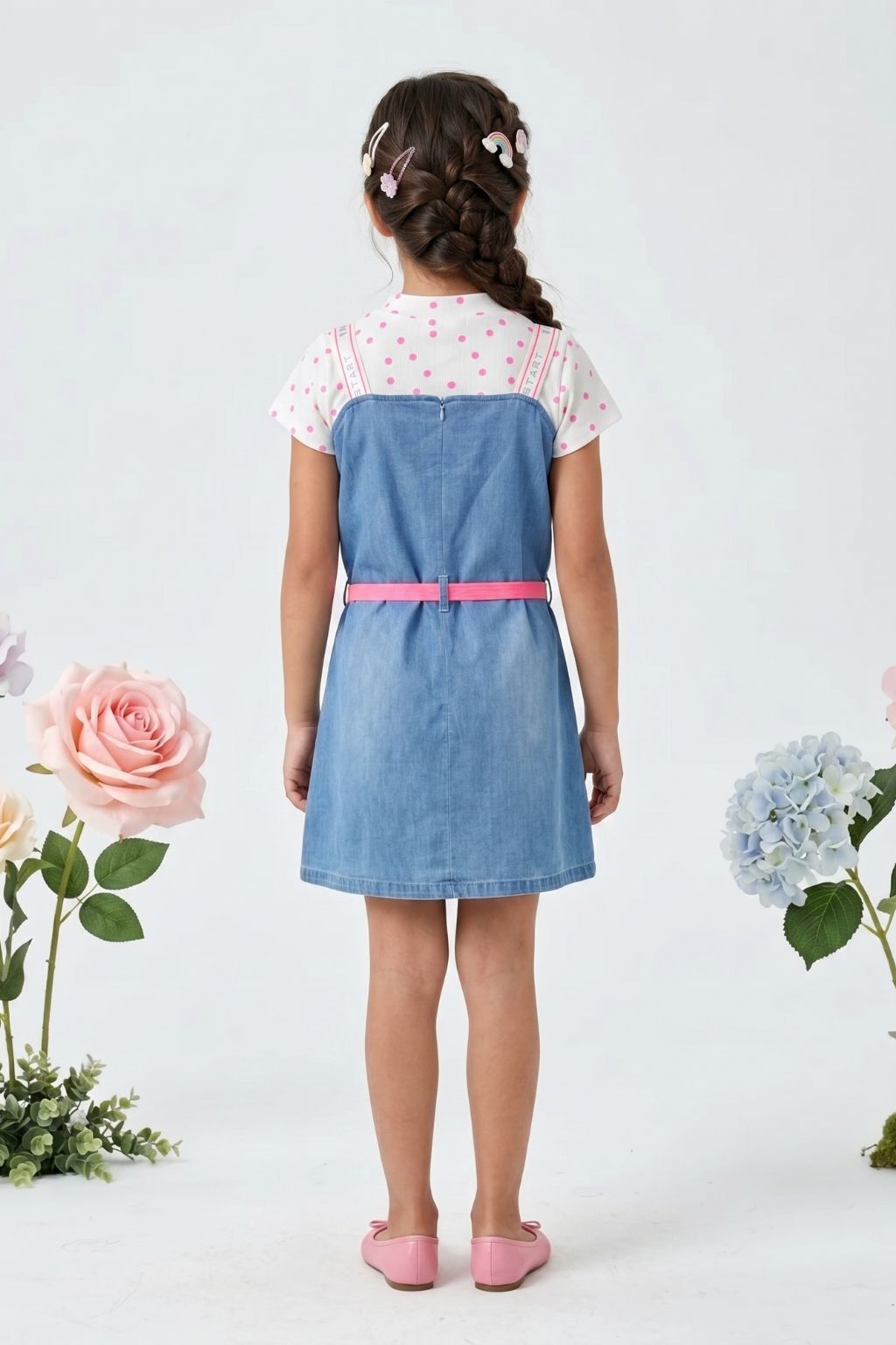 Blue Denim Pinafore Dress with Polka Dot Tee M2257