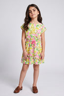 Yellow Multicolour Abstract Print Drawstring Waist Dress M2260