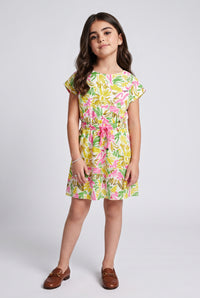 Yellow Multicolour Abstract Print Drawstring Waist Dress M2260