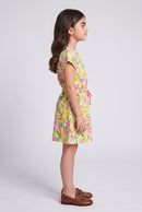 Yellow Multicolour Abstract Print Drawstring Waist Dress M2260