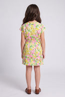 Yellow Multicolour Abstract Print Drawstring Waist Dress M2260