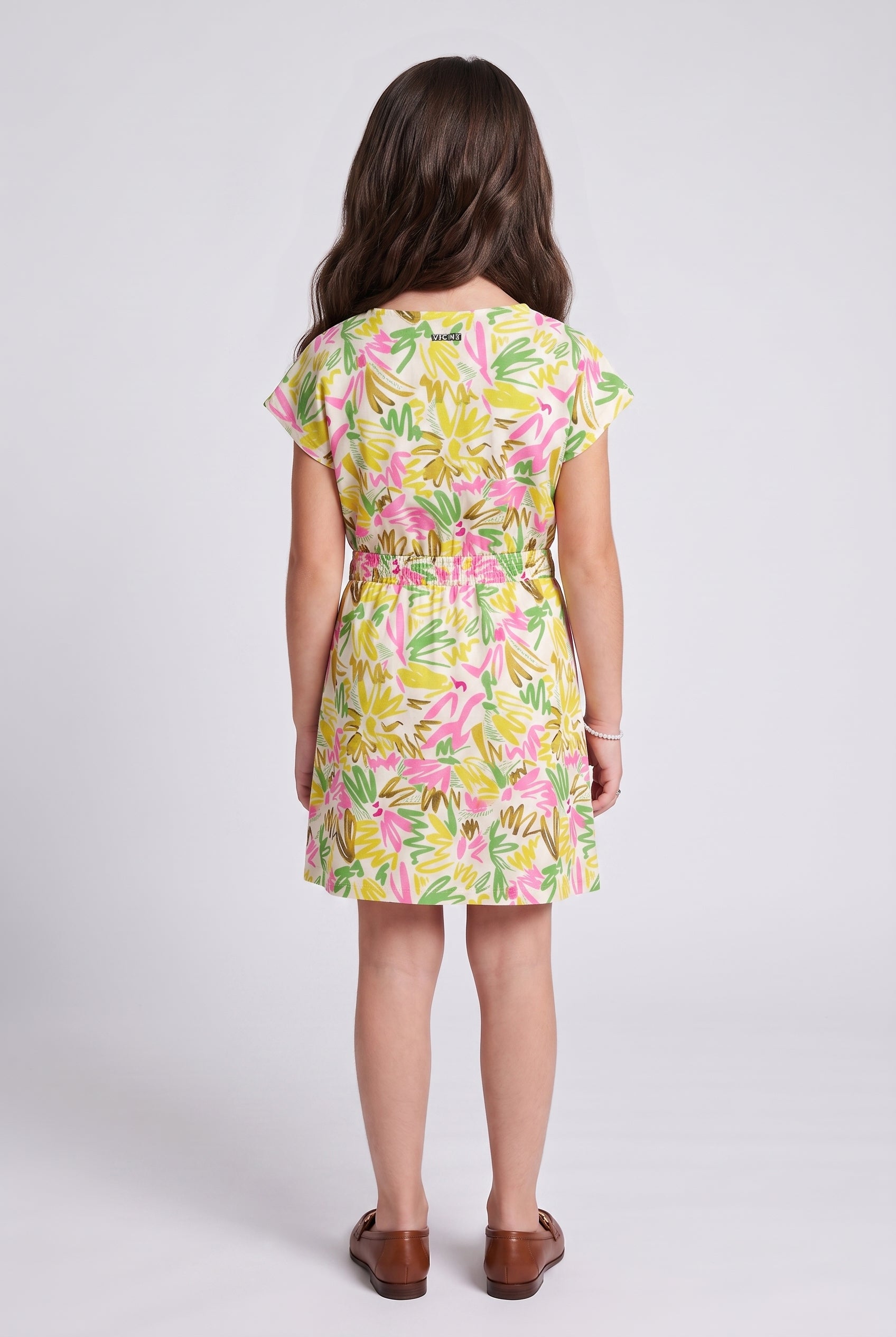 Yellow Multicolour Abstract Print Drawstring Waist Dress M2260