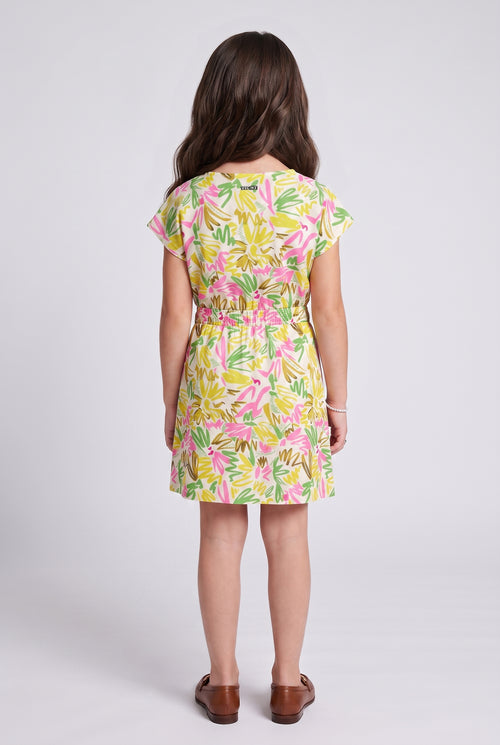 Yellow Multicolour Abstract Print Drawstring Waist Dress M2260