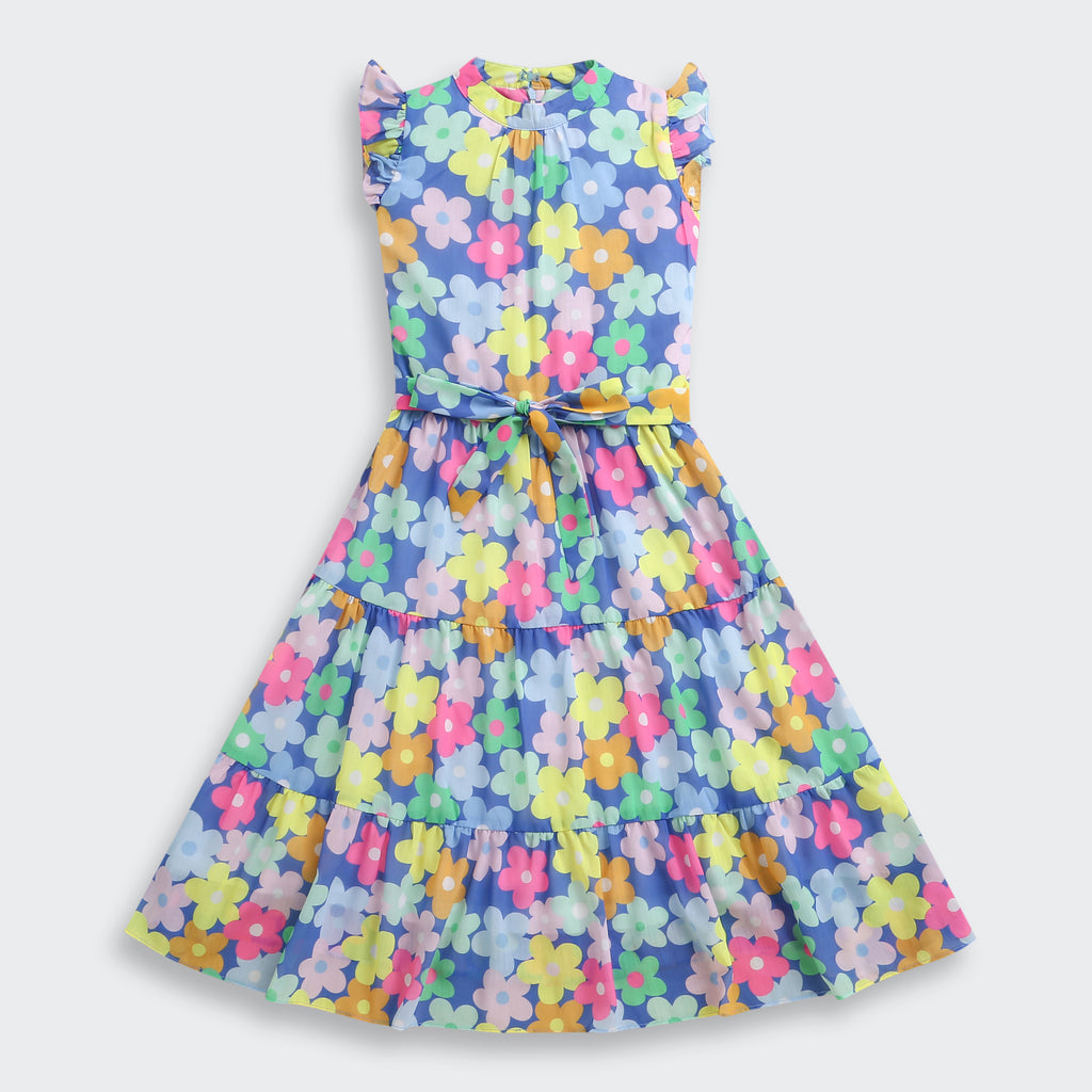 Blue Multicolour Floral Tiered Dress M2262