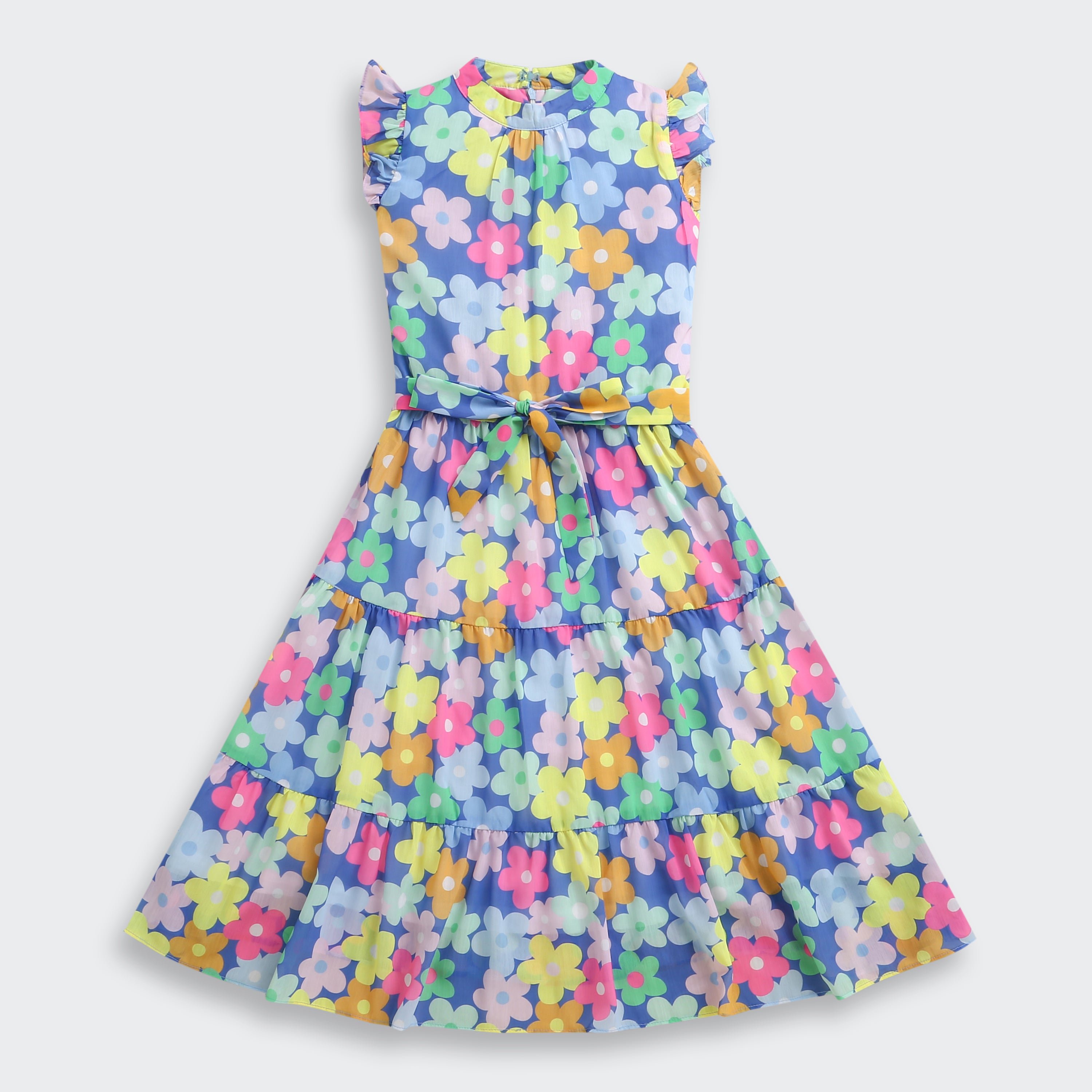 Blue Multicolour Floral Tiered Dress M2262