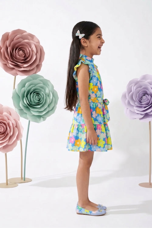 Blue Multicolour Floral Tiered Dress M2262