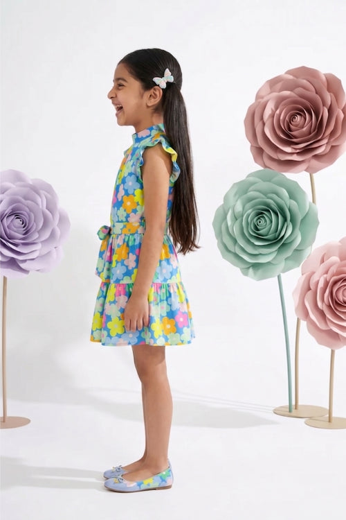 Blue Multicolour Floral Tiered Dress M2262