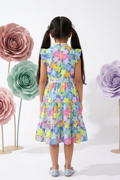 Blue Multicolour Floral Tiered Dress M2262