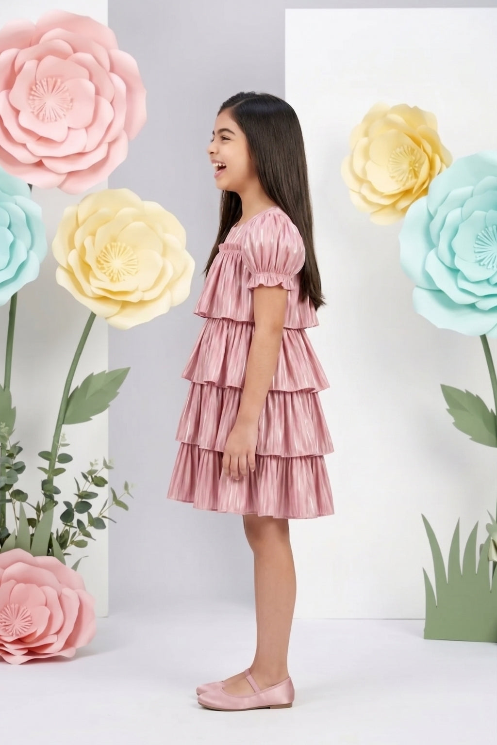 Onion Pink Satin Tiered Party Dress M2265