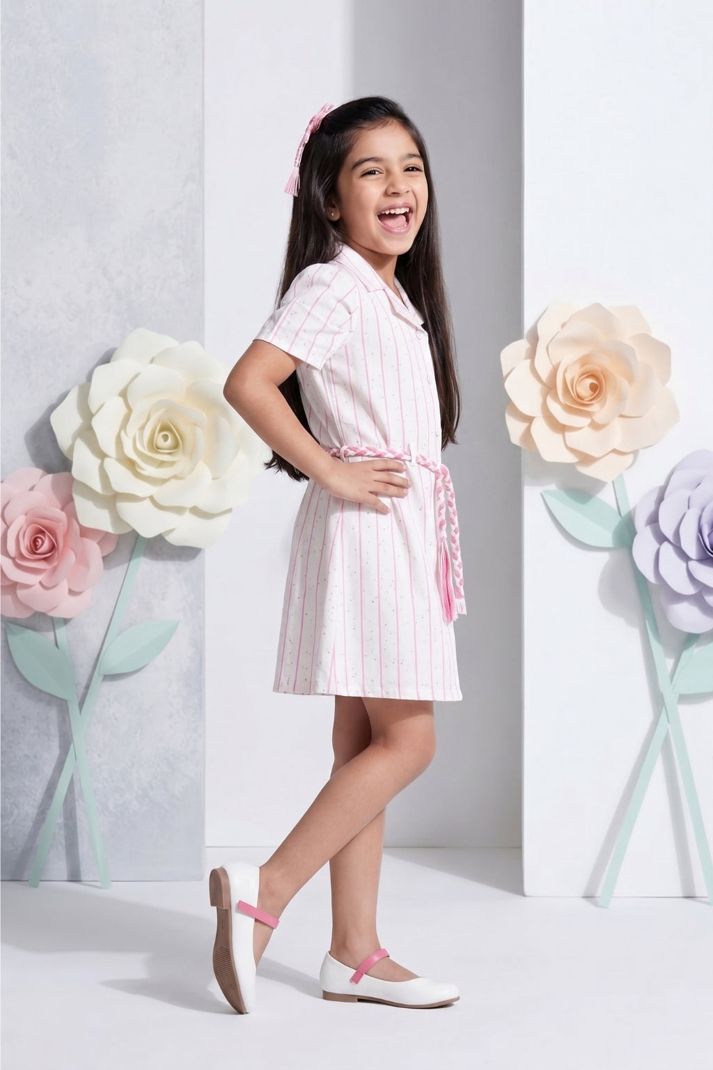 Pink Striped Shirt Dress with Waist Tie Belt M2267