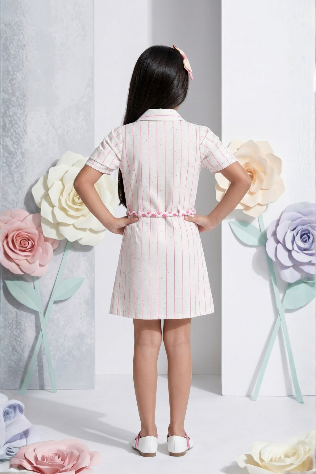 Pink Striped Shirt Dress with Waist Tie Belt M2267