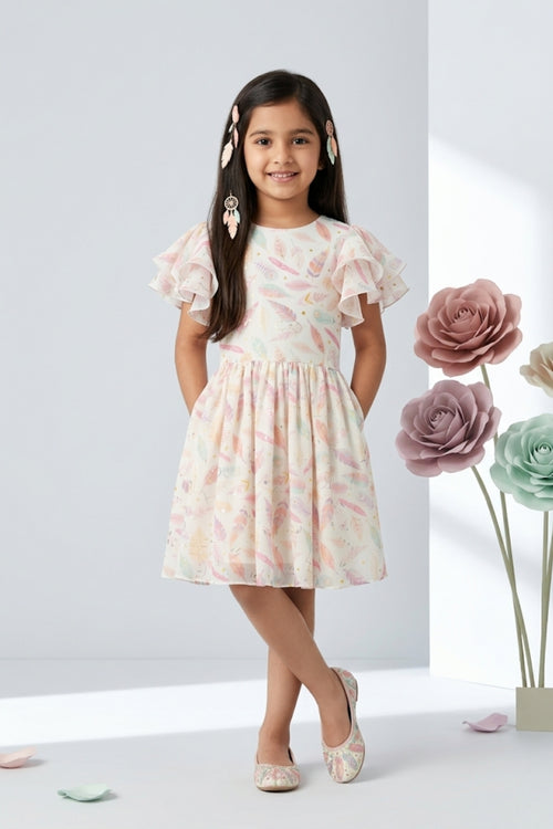 Pastel Feather Print Ruffle Sleeve Dress M2288
