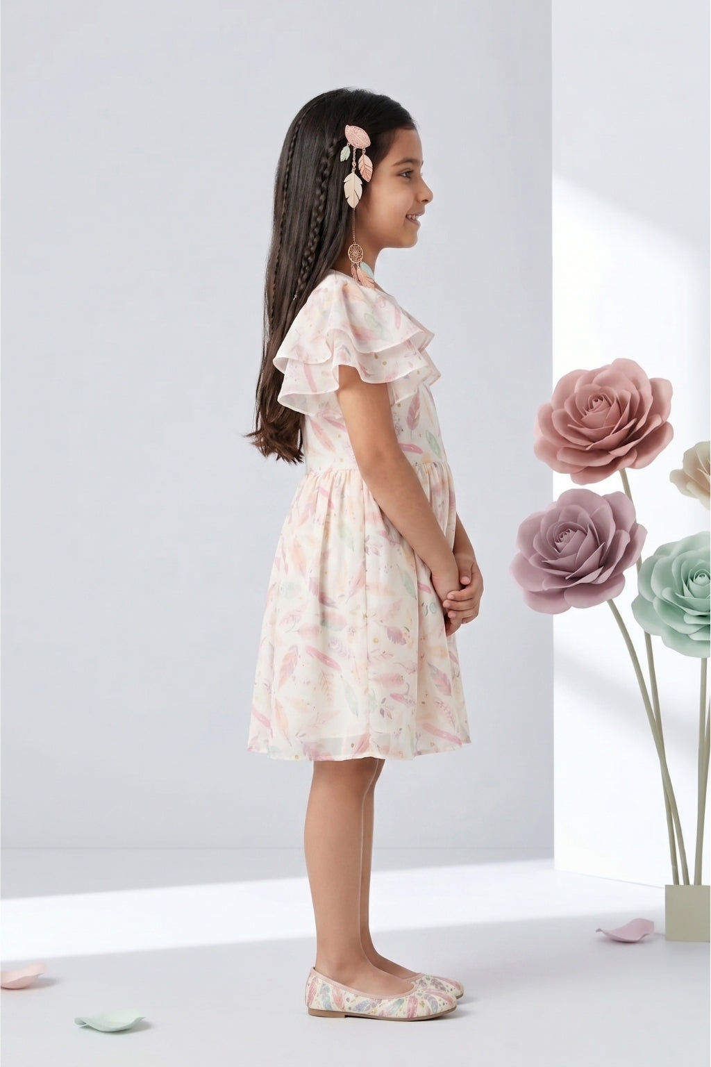 Pastel Feather Print Ruffle Sleeve Dress M2288