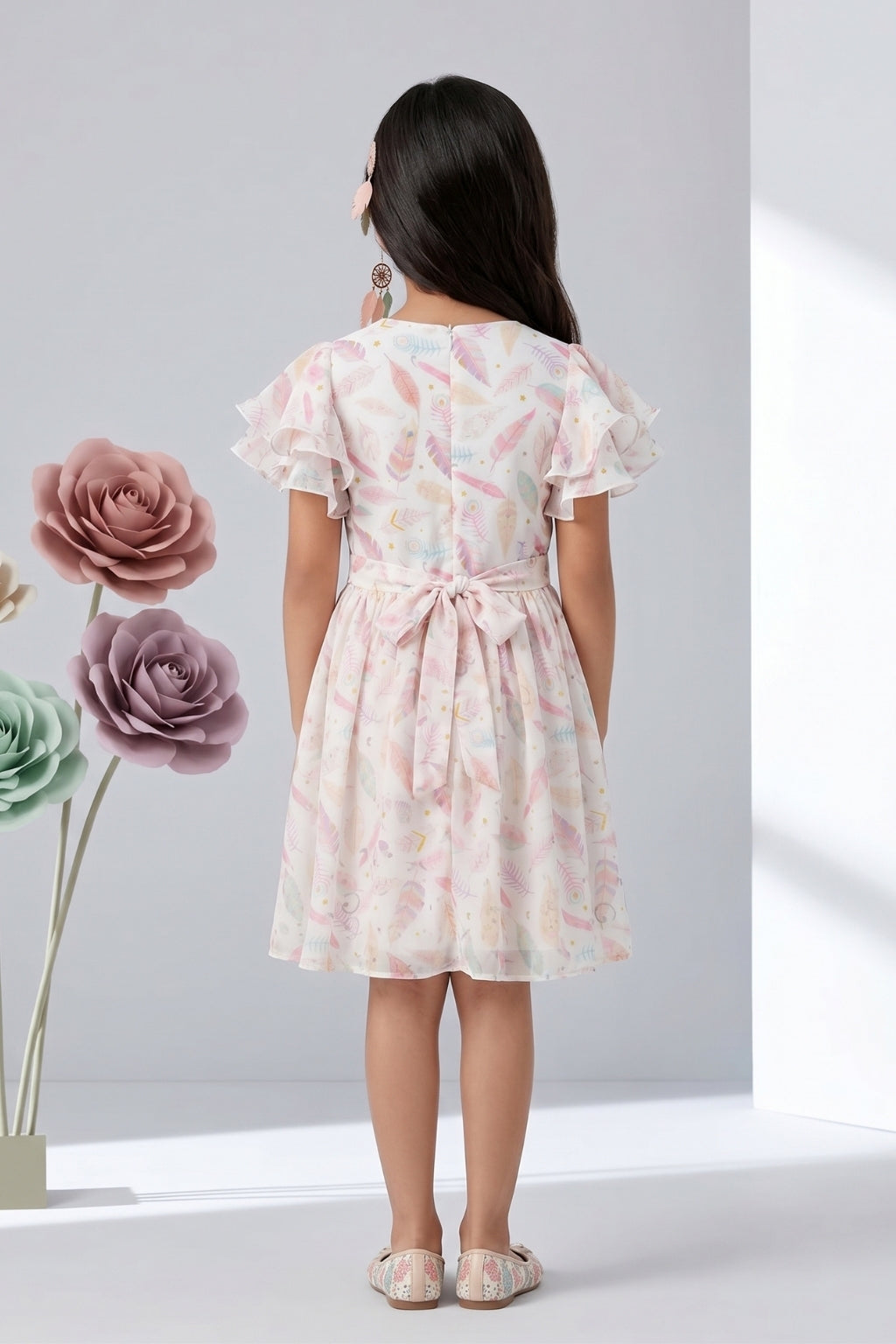 Pastel Feather Print Ruffle Sleeve Dress M2288