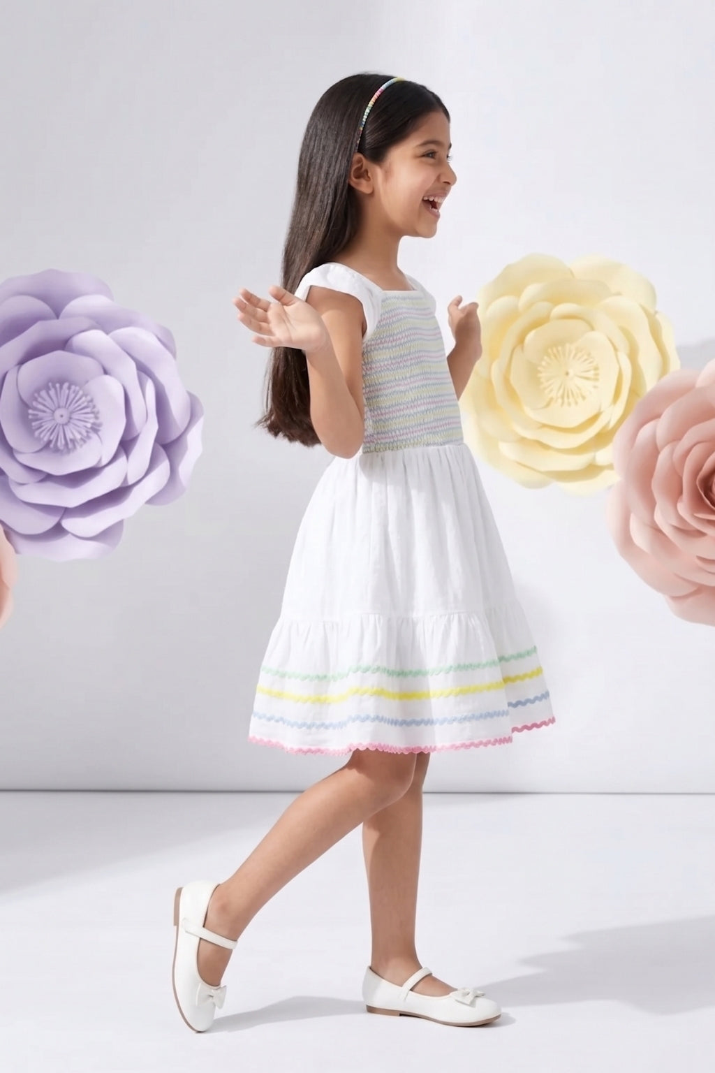 White Smocked Dress with Rainbow Trim M2290
