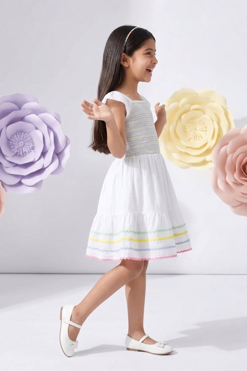 White Smocked Dress with Rainbow Trim M2290