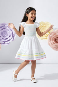 White Smocked Dress with Rainbow Trim M2290