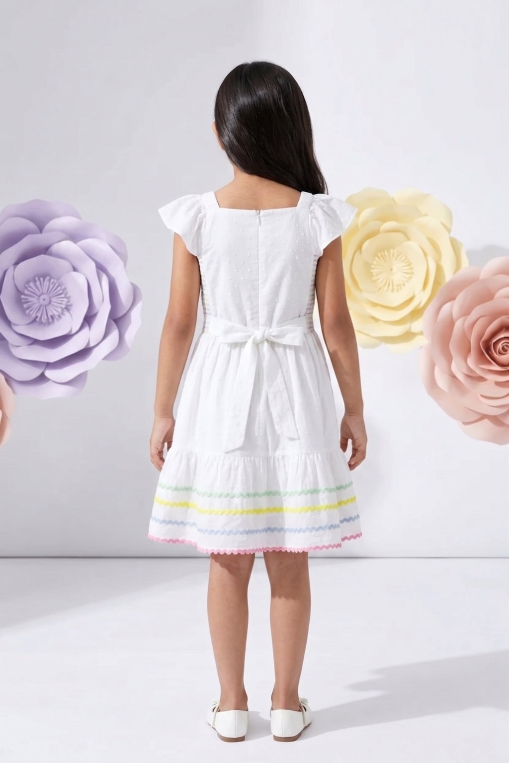 White Smocked Dress with Rainbow Trim M2290