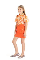 Orange Printed Top with Skirt Co-Ord Set for Girls